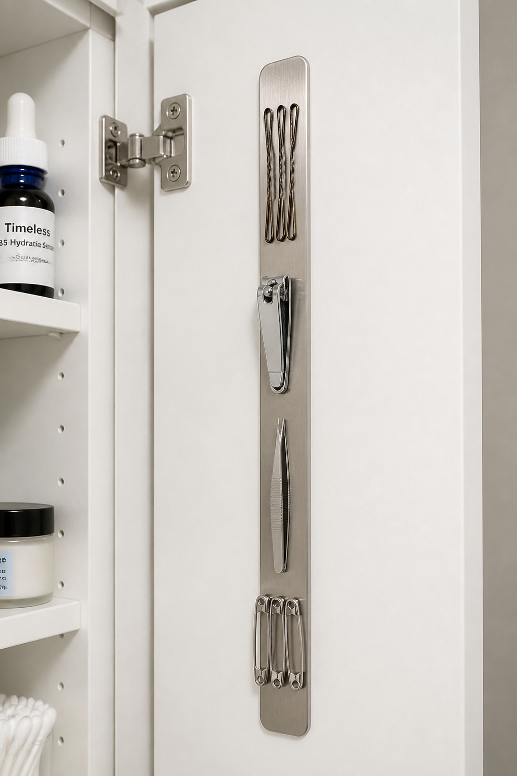 A slim magnetic strip mounted inside the medicine cabinet door organises small metal accessories — bobby pins, clippers, and tweezers — in a single visible row.