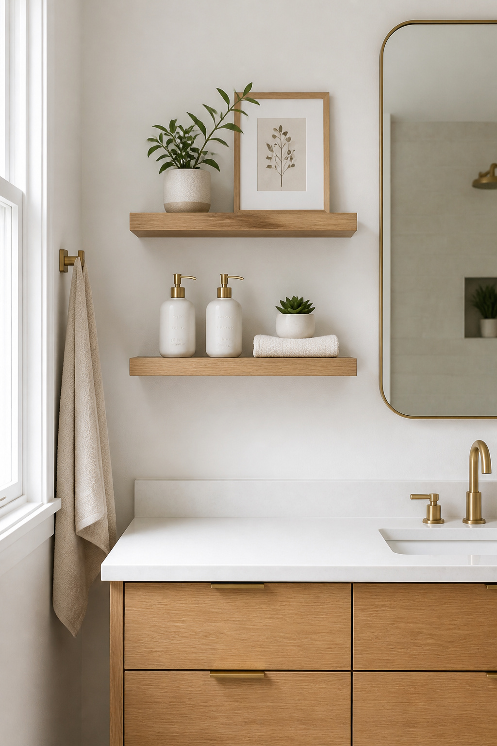 Floating oak wall shelves keep the bathroom counter clear, holding only curated essentials in matching ceramic containers.