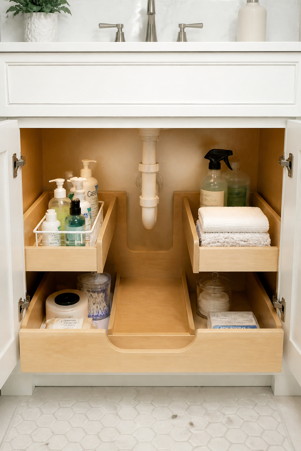 A U-shaped pull-out organiser designed around the plumbing transforms the under-sink cabinet from chaos to categorised storage.