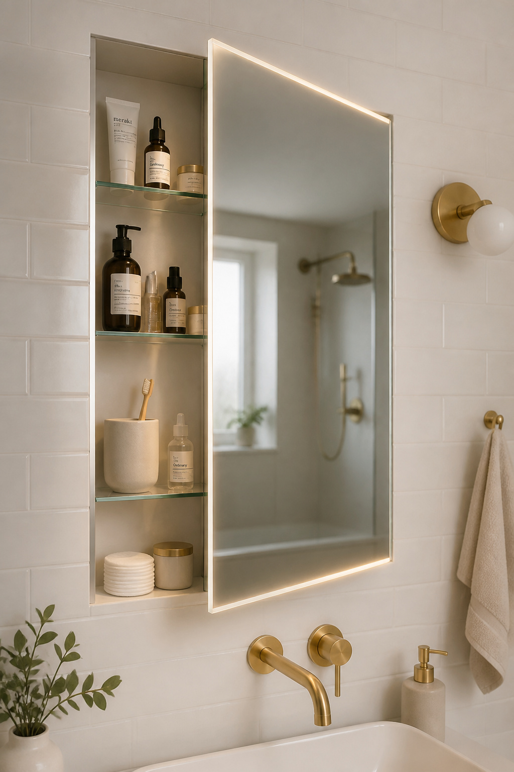 A frameless recessed medicine cabinet sits flush with the wall, providing organised storage and mirror reflection without projecting into the room.