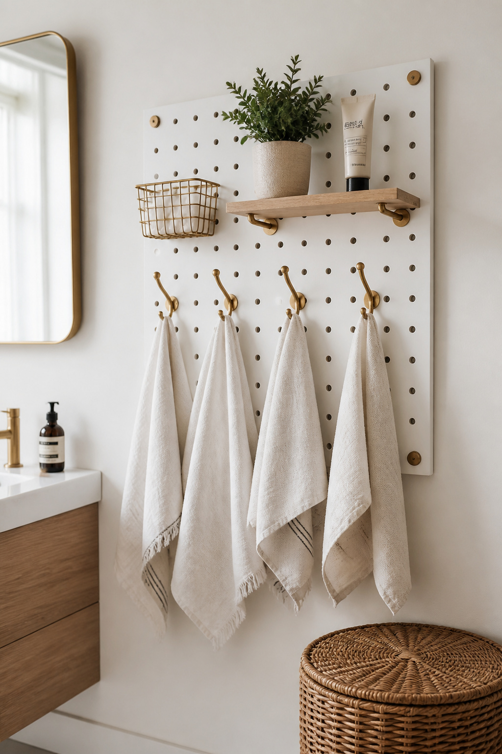 A PVC pegboard with solid brass hooks provides flexible wall-mounted storage for towels and bathroom essentials without requiring permanent fixture points.