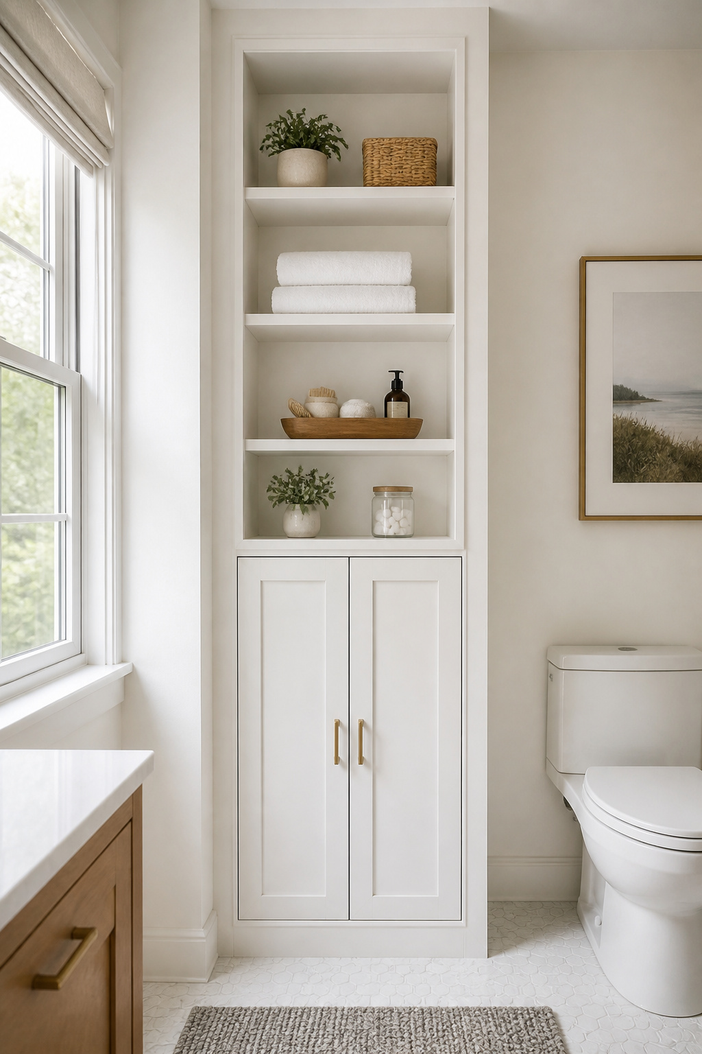 A floor-to-ceiling built-in cabinet column beside the toilet integrates seamlessly with the architecture, providing concealed lower storage and open upper display.