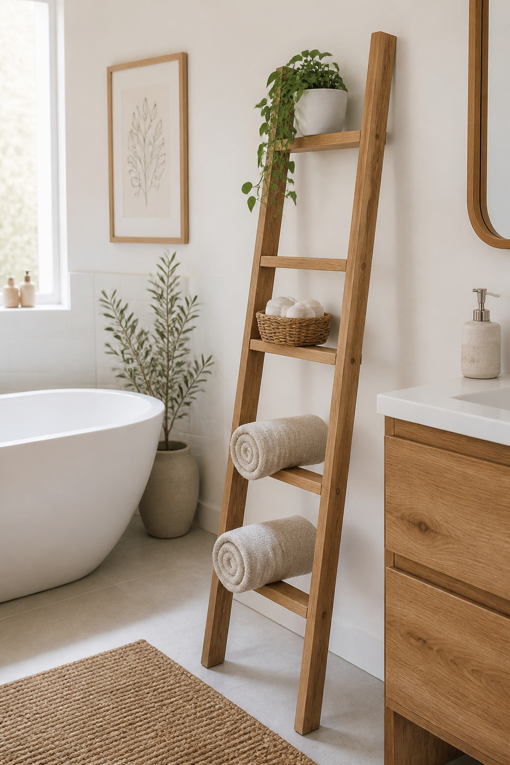 A natural oak ladder shelf leans against a white bathroom wall, holding rolled towels on lower rungs and a small plant at the top.