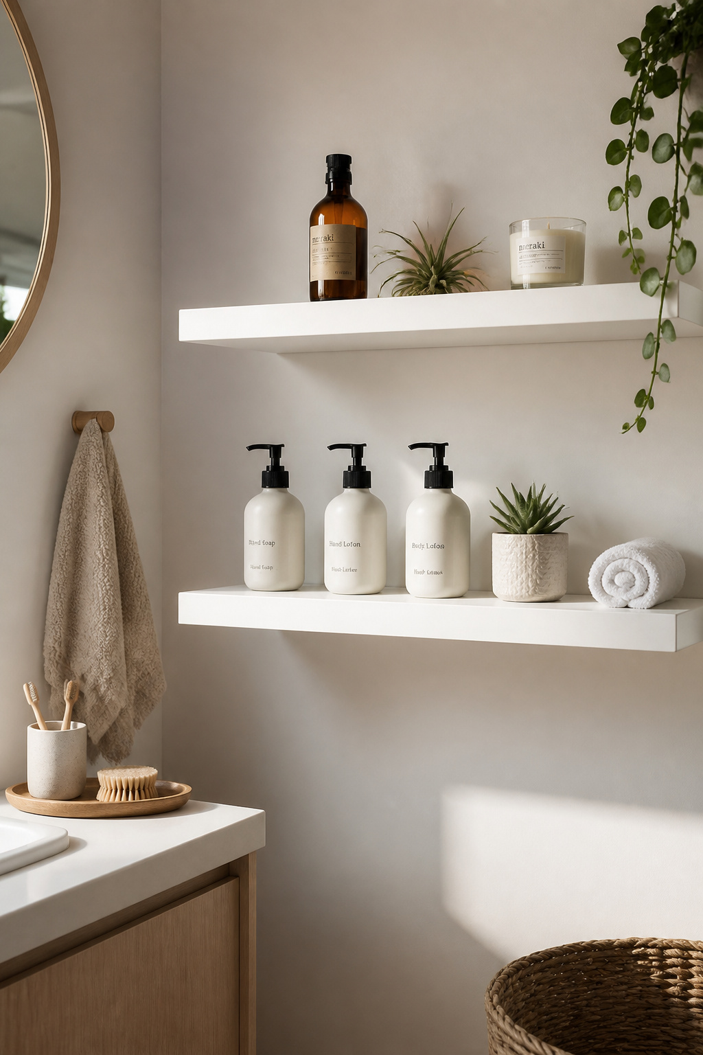 Curated open shelves in a Nordic bathroom demonstrate the one-third empty rule, with matching dispensers and a small plant creating an intentional arrangement.