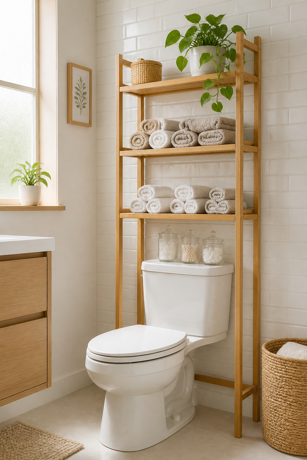 A bamboo over-toilet etagere makes full use of unused vertical space above the tank, holding rolled towels and small plants in a Nordic-styled bathroom.