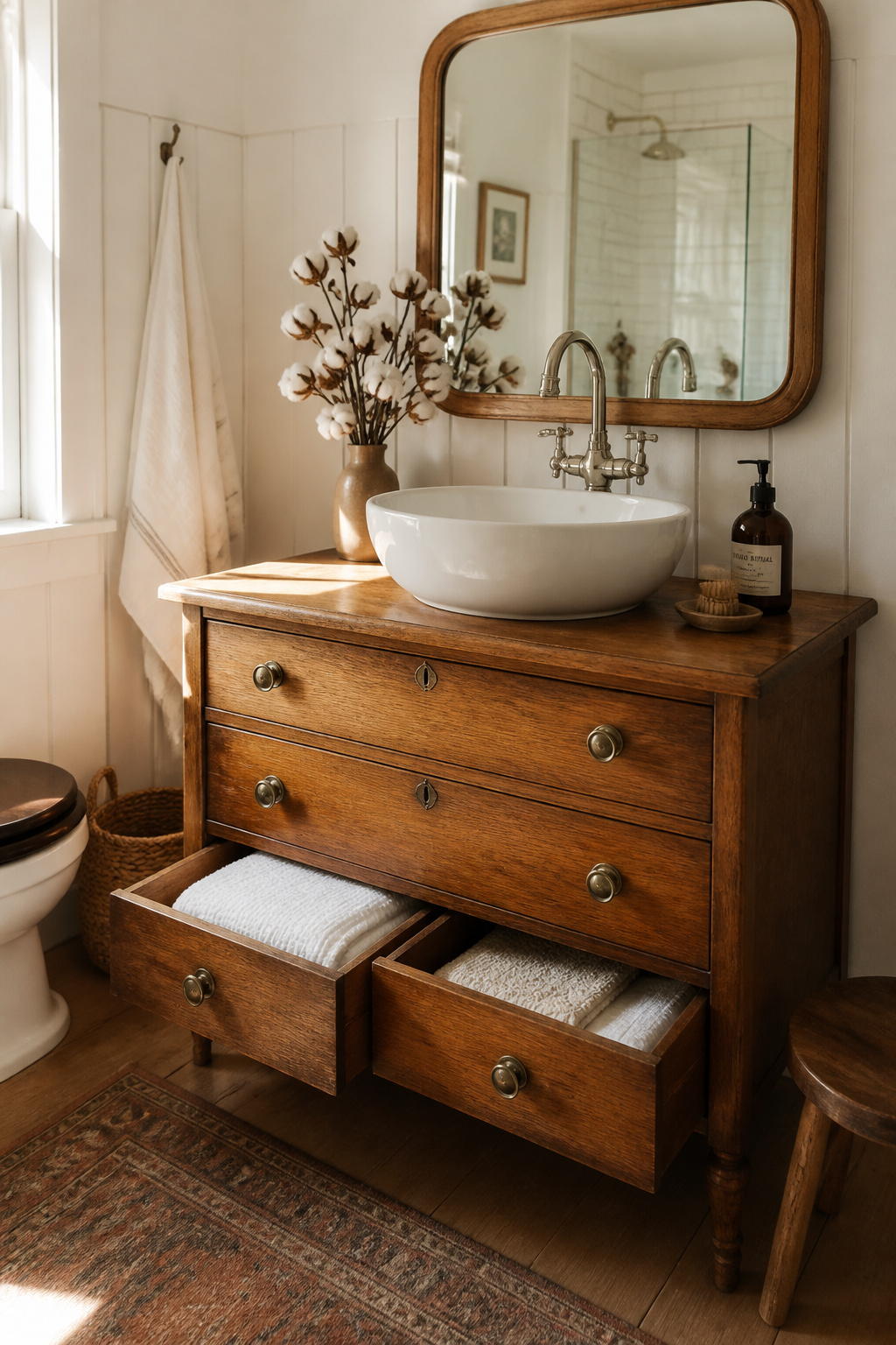A vintage oak dresser converted to a bathroom vanity with a vessel sink on top, its original drawers still functioning as storage for towels below.