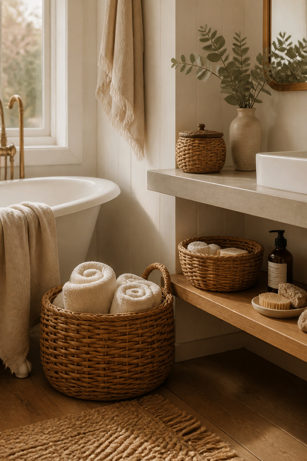 Natural wicker baskets in multiple sizes bring warmth and practical organisation to a hygge-style bathroom.
