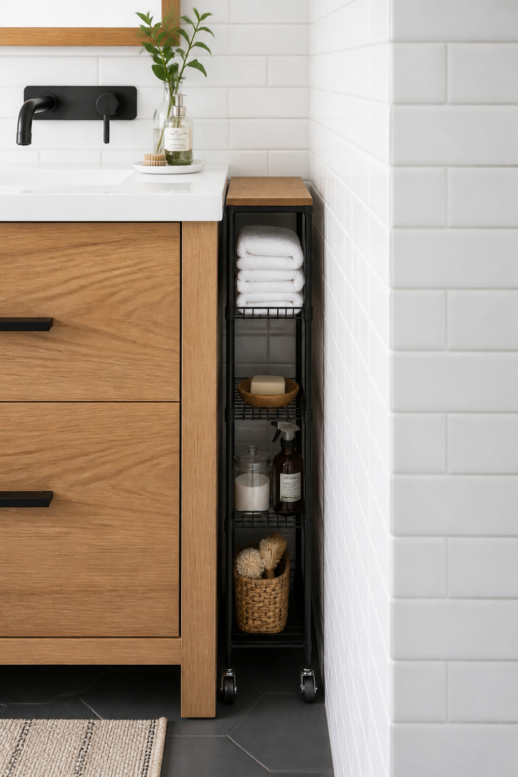 A slim rolling cart occupies the otherwise wasted gap between the bathroom vanity and the wall, adding three usable tiers of storage.