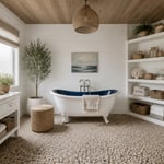 A complete Nordic-coastal bathroom where shiplap, pebble tile, a clawfoot tub, and linen textiles create a space that feels genuinely seaside without a single nautical cliché.