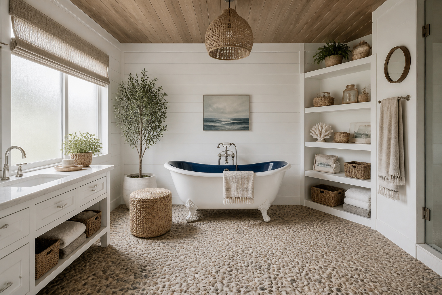 A complete Nordic-coastal bathroom where shiplap, pebble tile, a clawfoot tub, and linen textiles create a space that feels genuinely seaside without a single nautical cliché.