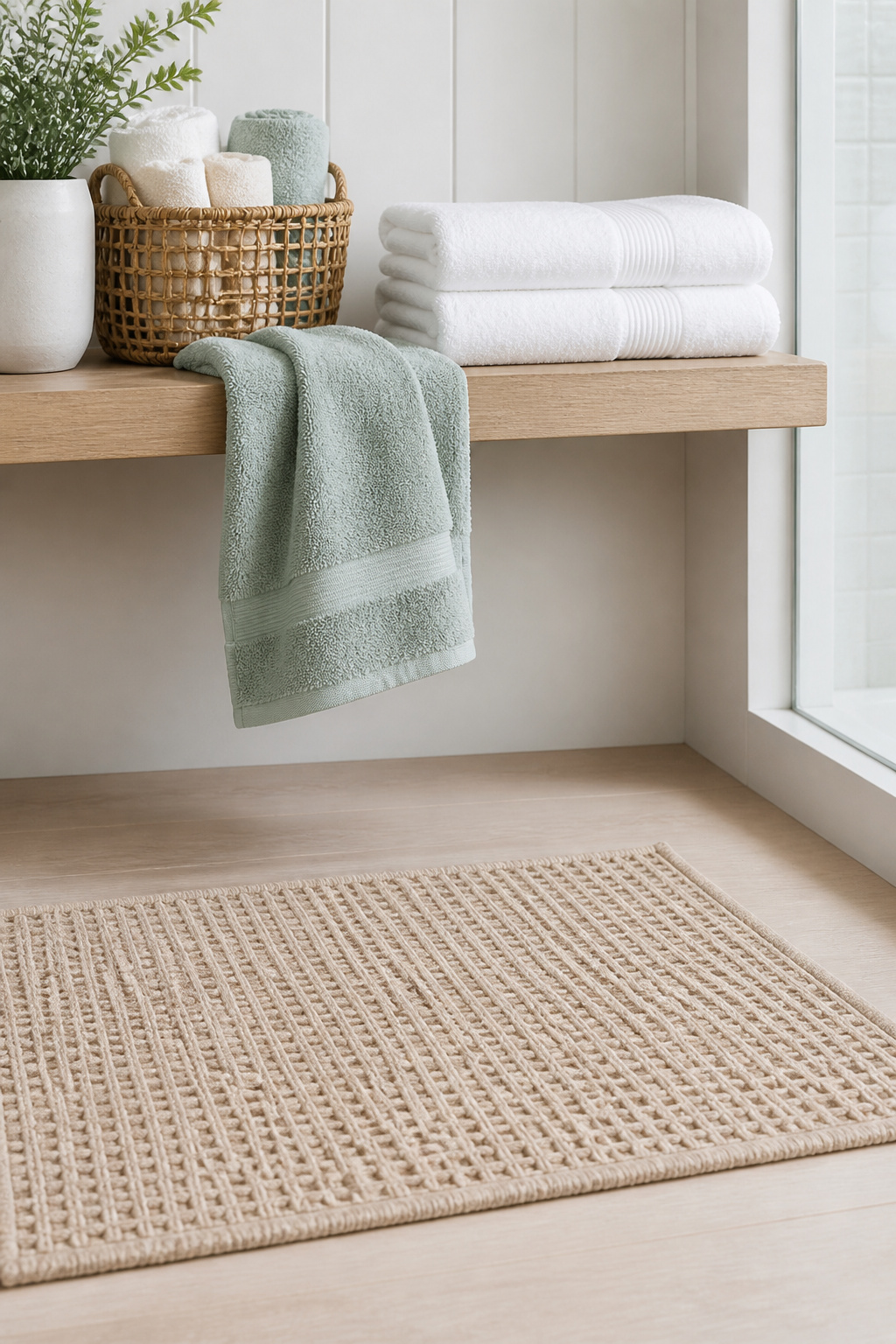 A simple palette of salt white, seafoam, and sand across bath towels and mat is the quietest way to anchor a coastal bathroom's colour story.