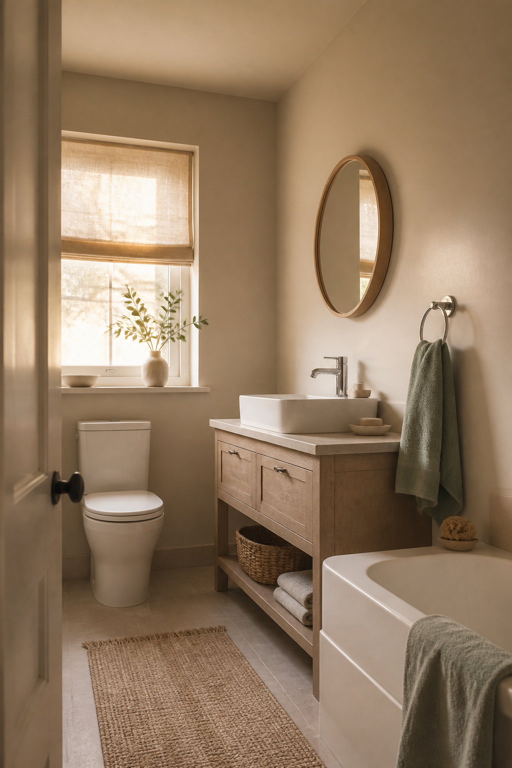 Farrow & Ball Skimming Stone on the walls creates the sandy, sun-warmed backdrop against which every coastal element in the bathroom reads at its best.