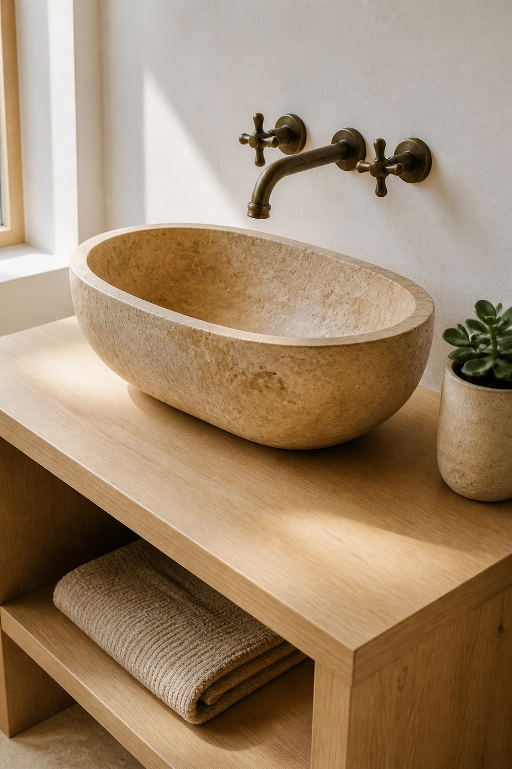 A travertine stone vessel basin brings the raw geological texture of beaches and cliff faces directly into the bathroom — elemental and quietly beautiful.
