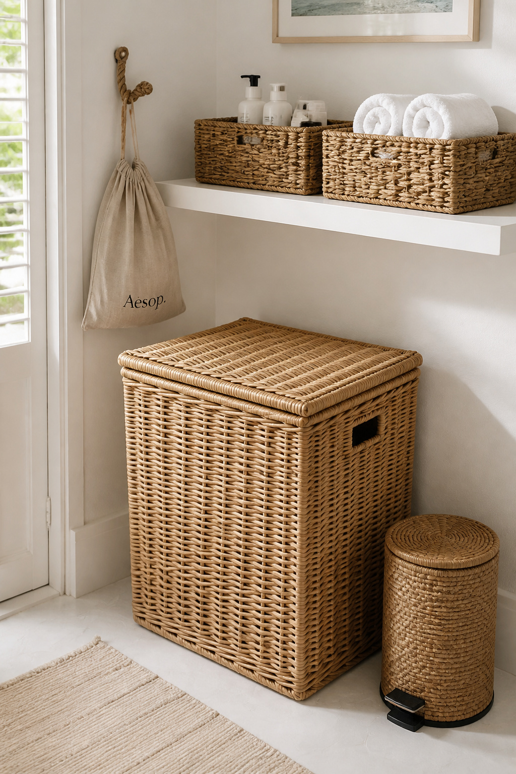 Wicker and seagrass storage does two jobs at once: organising the bathroom and contributing natural woven texture to the coastal palette.