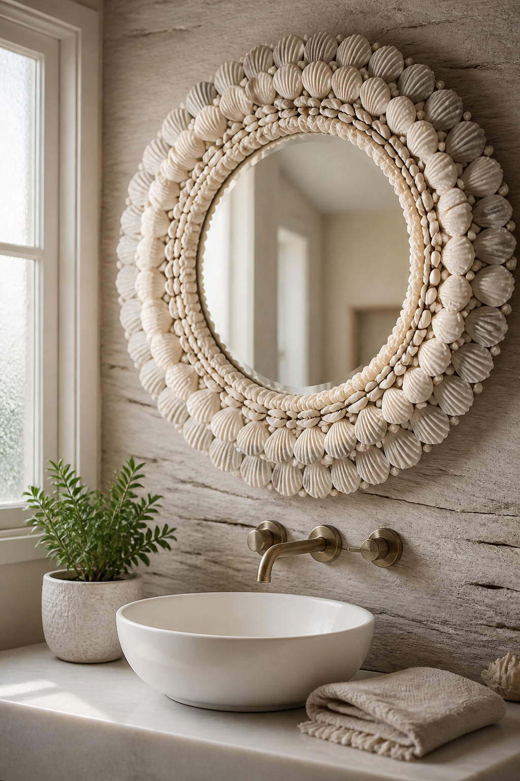 A shell-inlaid mirror in cream and sand tones brings genuine coastal character to a simple white vanity without resorting to nautical theming.