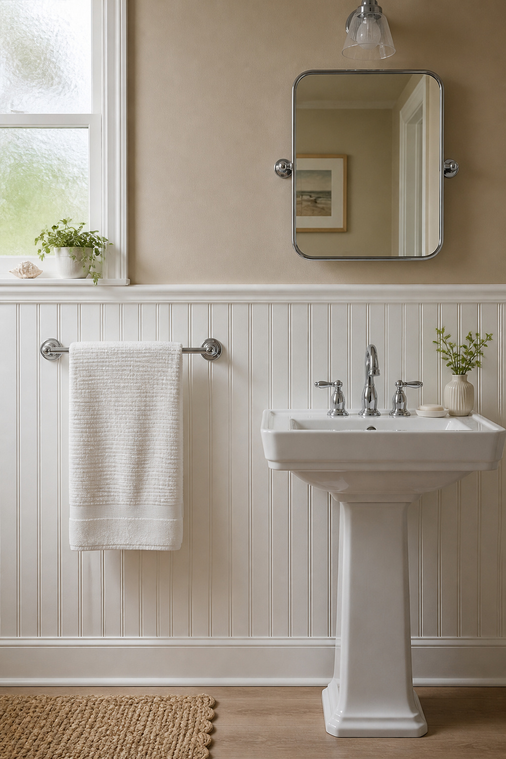 White beadboard panelling at wainscoting height protects the most-splashed zone of the bathroom while delivering the coastal cottage character that painted plaster cannot provide.