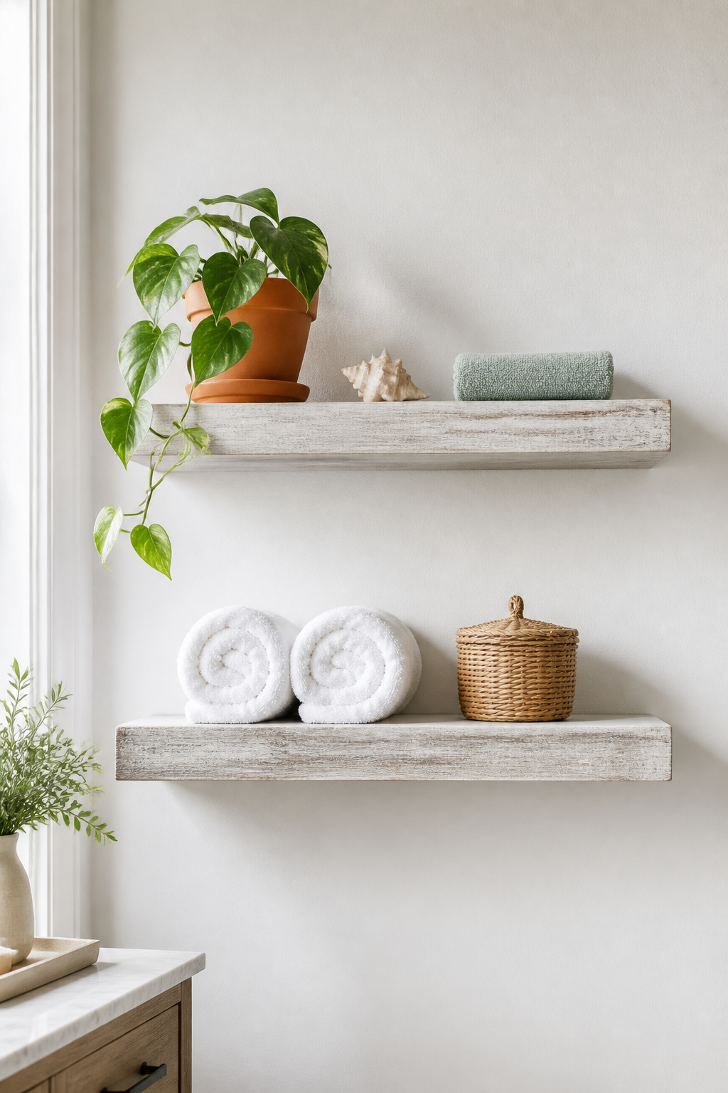 Floating shelves in weathered white hold a curated trio of objects — the rule of three applied to coastal bathroom styling at its simplest and most effective.