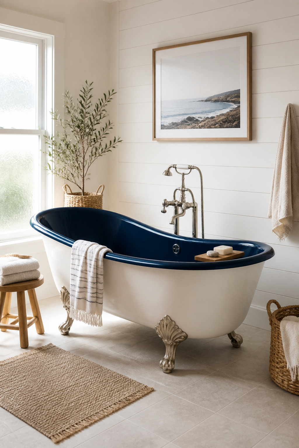 A clawfoot tub with a navy-painted interior becomes the sculptural centrepiece of a coastal bathroom, connecting the space directly to its nautical heritage.
