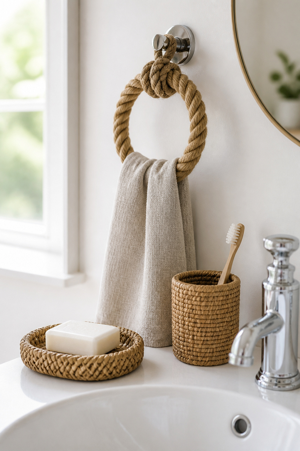 A rope towel ring and rattan soap dish create all the coastal texture a bathroom needs without a single nautical motif in sight.