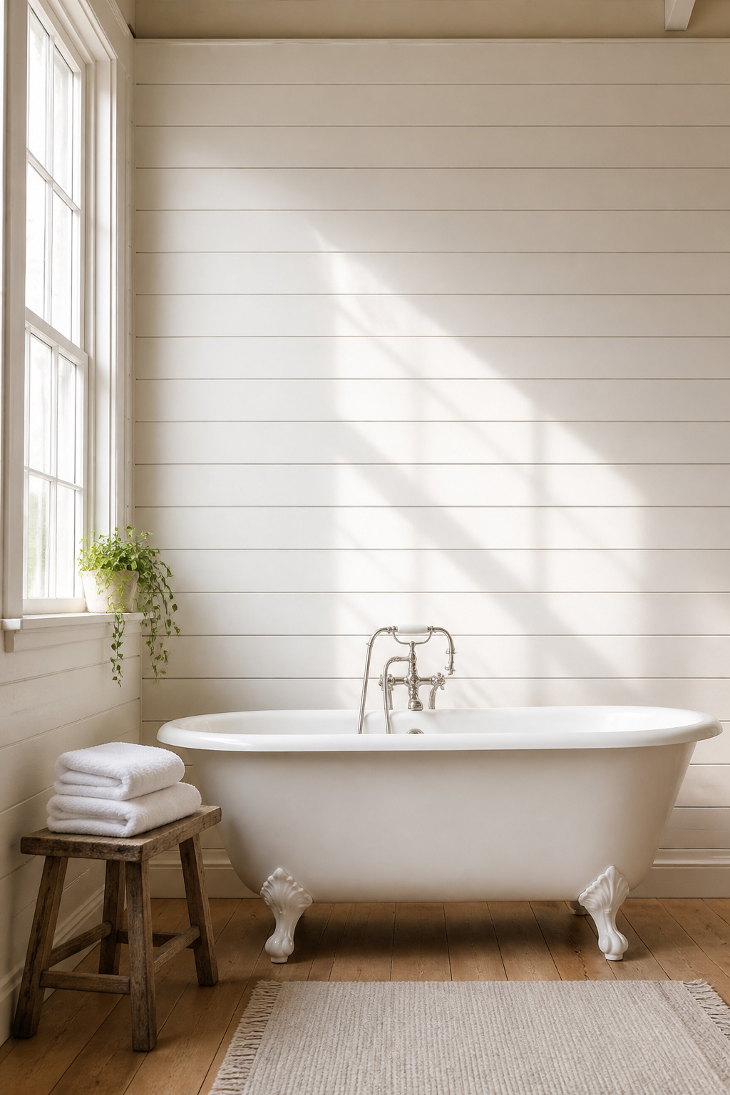 White shiplap behind a clawfoot tub delivers the character of a beach house interior — practical, reflective, and deeply connected to coastal architectural tradition.