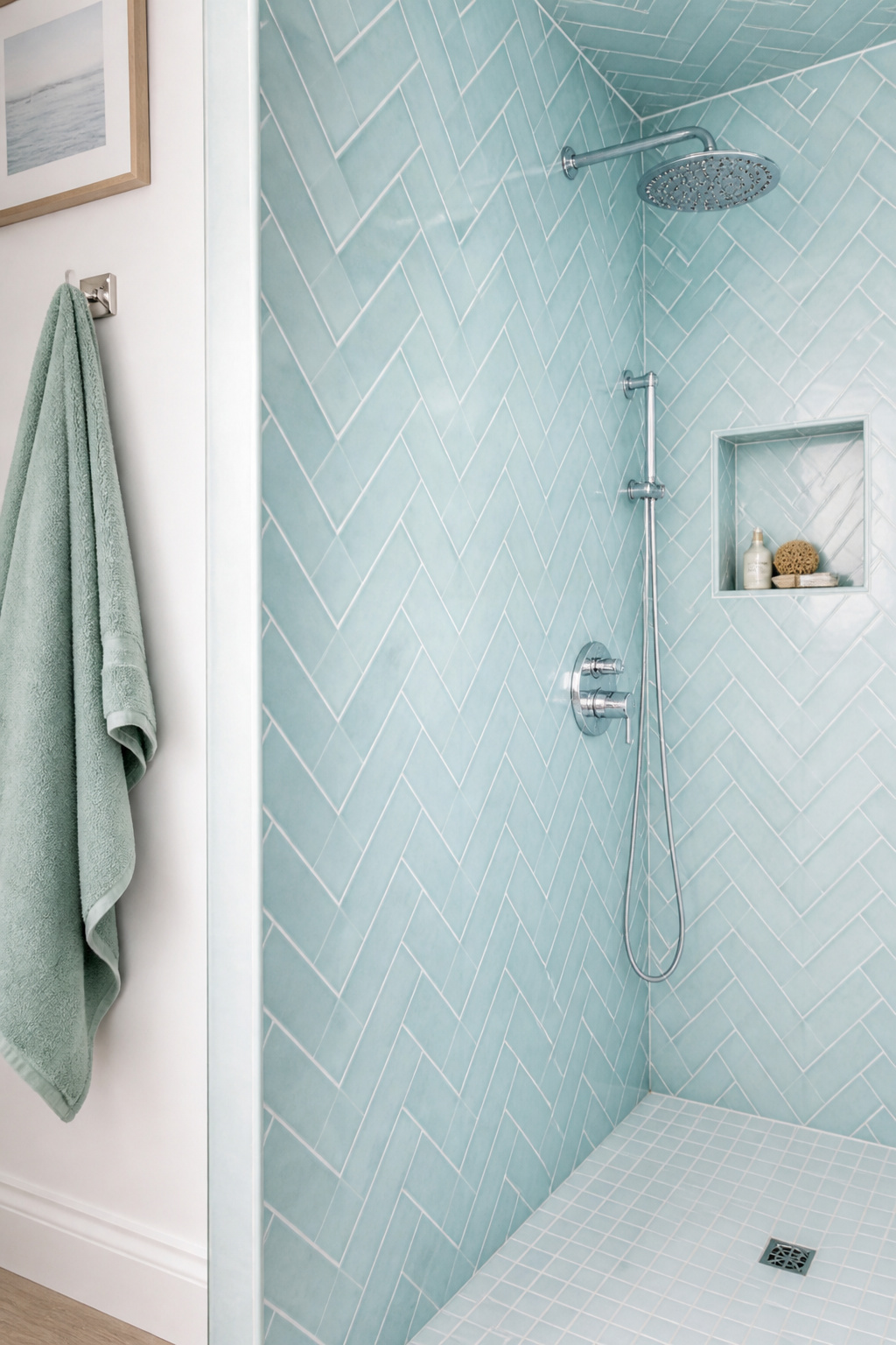 Ice-blue subway tiles in a herringbone pattern bring movement and depth to a coastal bathroom shower without committing to a full nautical scheme.
