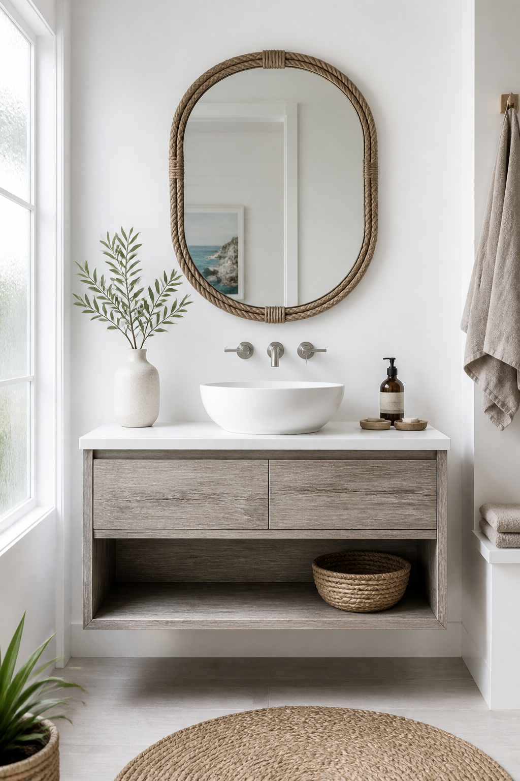 A floating driftwood vanity paired with a white quartz top and rope-wrapped mirror creates a cohesive coastal vignette with three distinct natural textures.