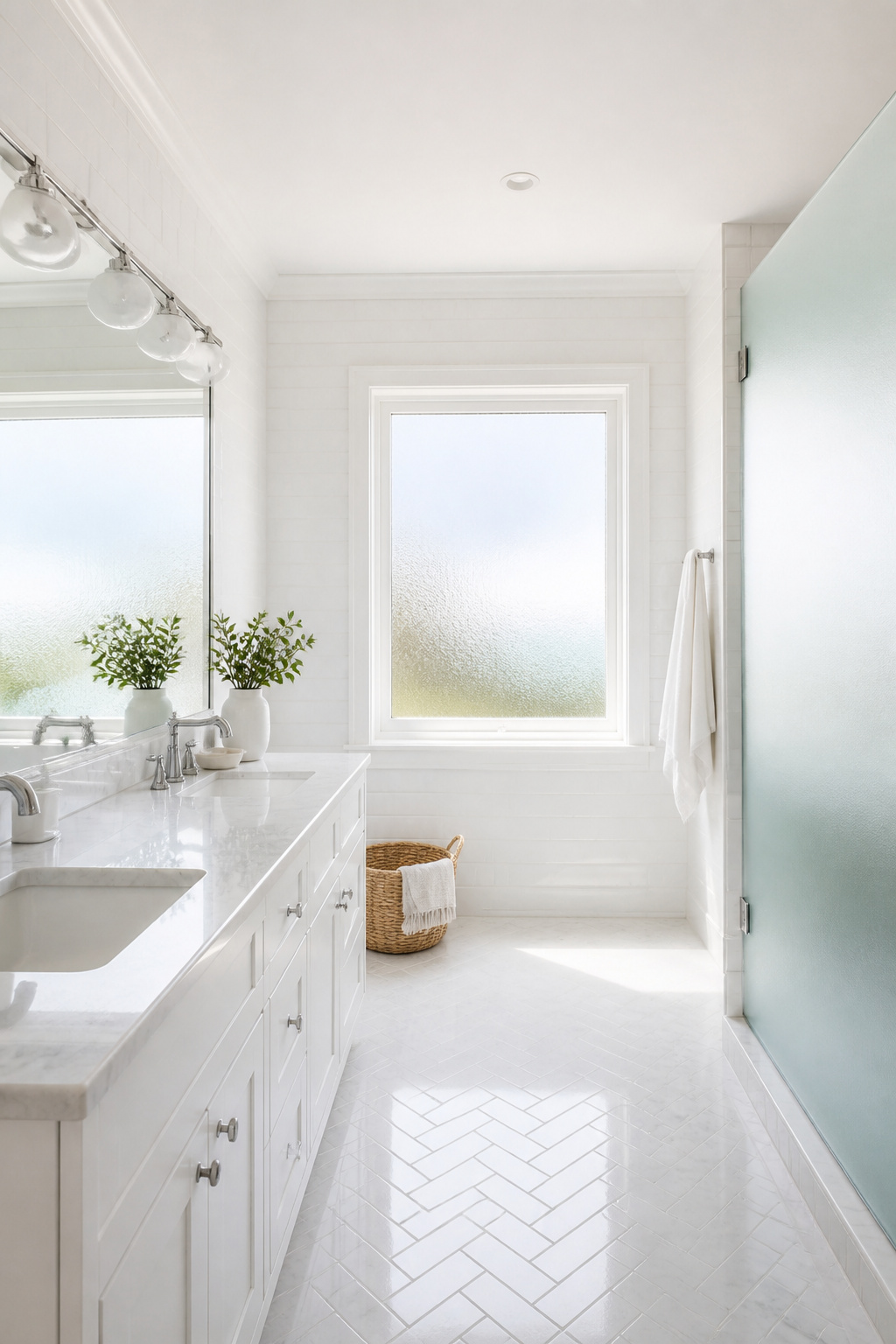 A frosted window and strategically placed mirror create the airy, diffused light quality that is the most essential ingredient of a coastal bathroom.