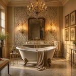 A complete luxury period bathroom — clawfoot tub, book-matched marble, crystal chandelier, and antiqued mirror — demonstrates that the finest luxury bathroom decor is the accumulation of considered decisions made at every level of the design.