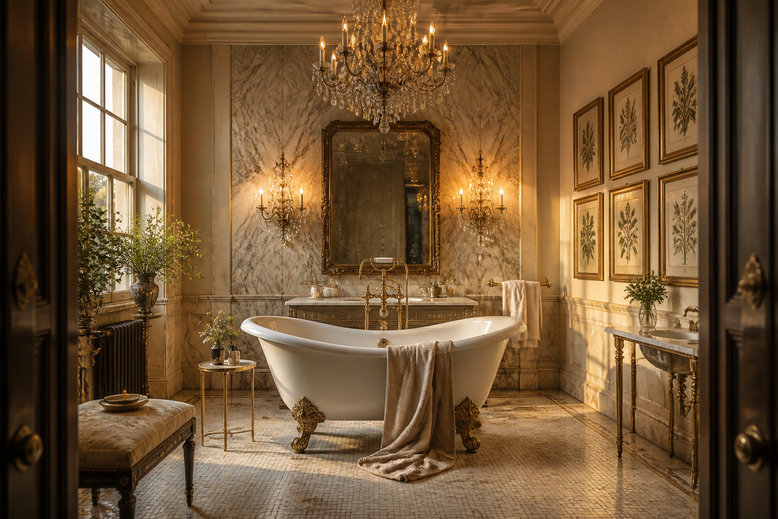 A complete luxury period bathroom — clawfoot tub, book-matched marble, crystal chandelier, and antiqued mirror — demonstrates that the finest luxury bathroom decor is the accumulation of considered decisions made at every level of the design.