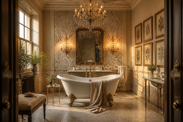A complete luxury period bathroom — clawfoot tub, book-matched marble, crystal chandelier, and antiqued mirror — demonstrates that the finest luxury bathroom decor is the accumulation of considered decisions made at every level of the design.