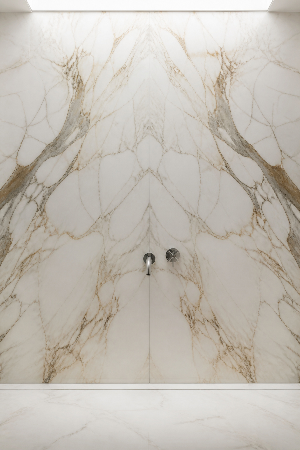 Book-matched Calacatta marble creates a symmetrical composition that no design element could replicate — the natural vein pattern becomes the room's art.