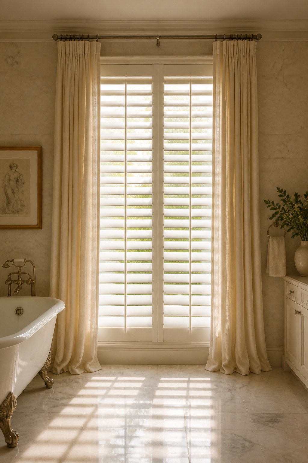 Plantation shutters with linen drapes in luxury bath decor create the layered, hotel-suite quality of a window designed — not merely fitted — for the most considered room in the house.