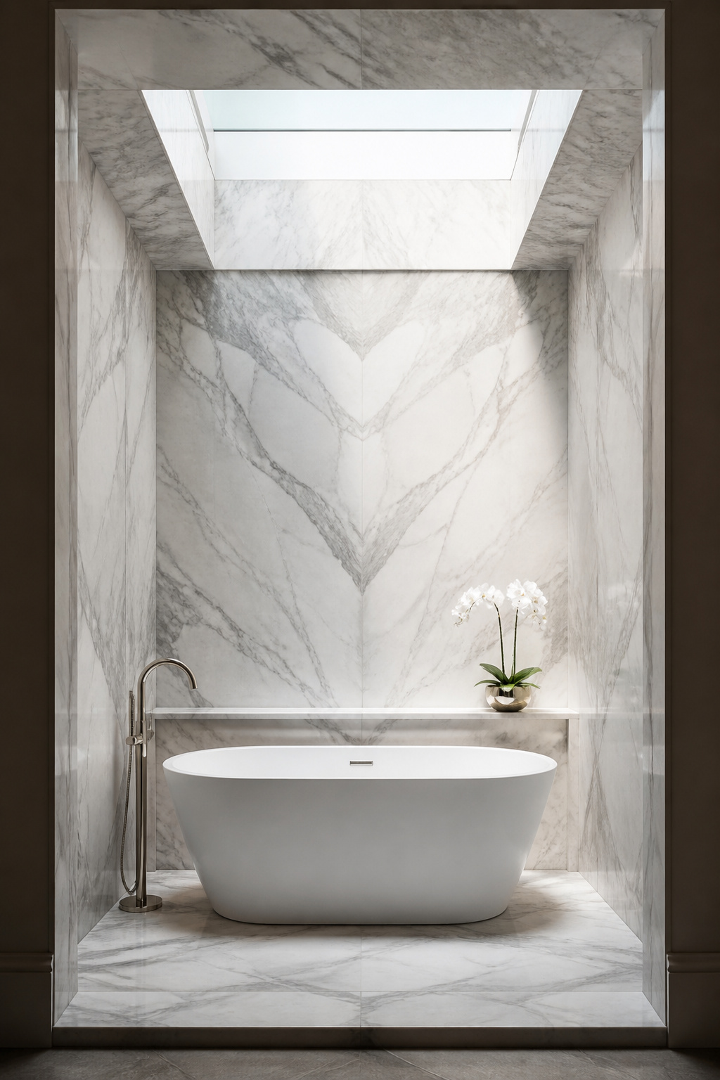 A soaking tub positioned within a marble-clad architectural alcove creates the sense of a room within a room — a design intelligence consistent across two thousand years of bath-house history.