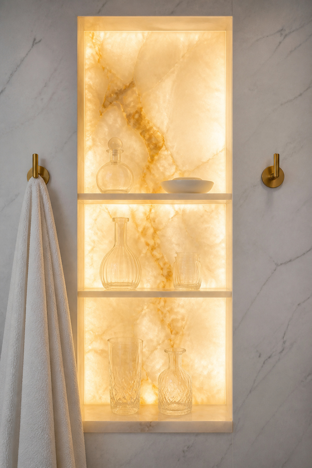 Backlit onyx in a bathroom niche demonstrates the one quality marble cannot offer — translucency — turning a wall surface into a warm, glowing architectural feature.