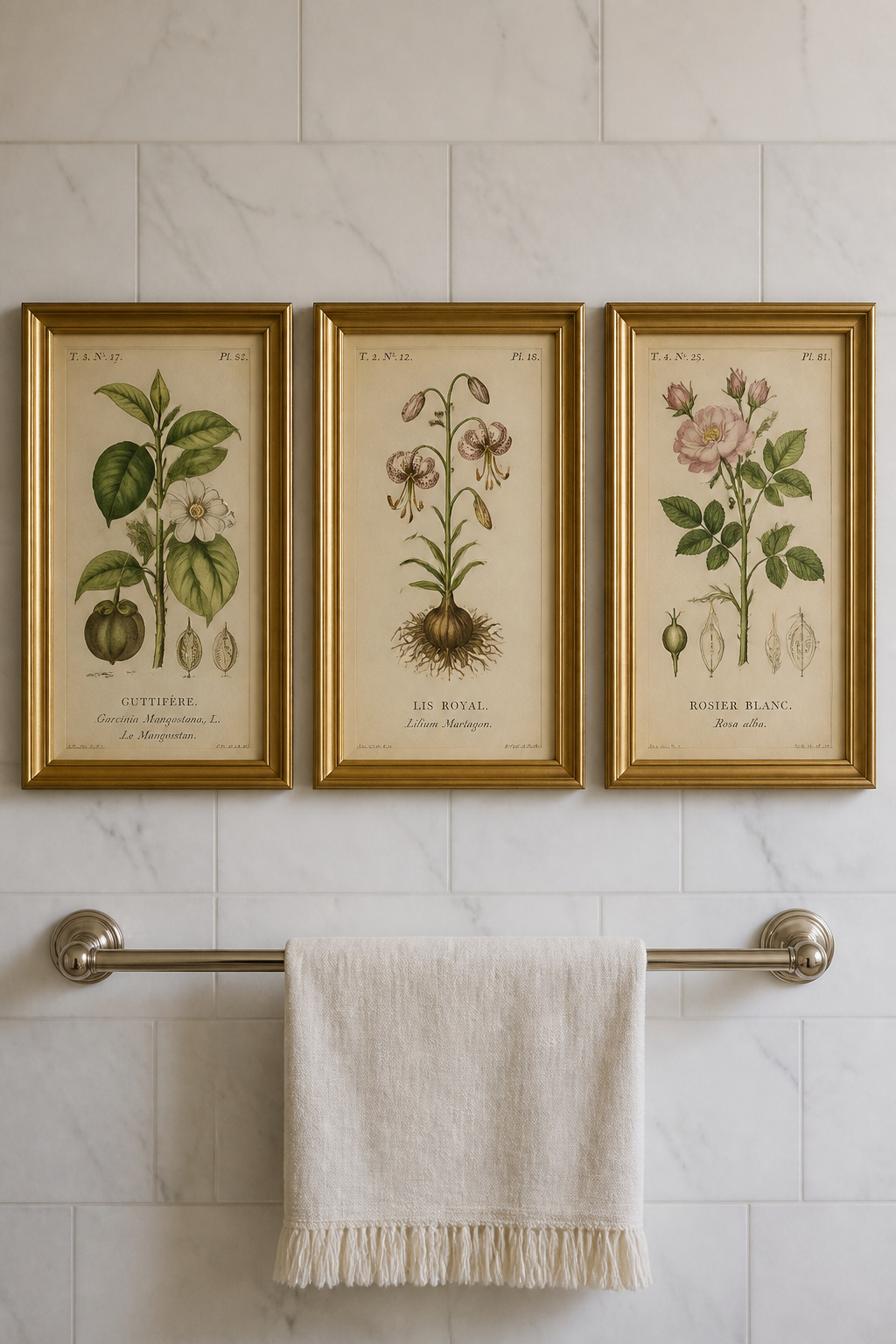 Framed antique botanical prints — properly glazed with conservation glass in a sealed humidity-resistant frame — bring genuine cultural heritage to the bathroom wall.