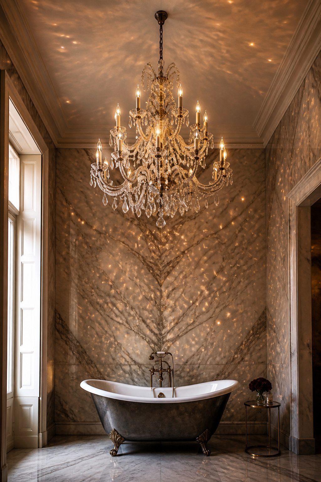 A crystal chandelier above a freestanding tub is the most unambiguous statement in luxury bathroom design — it declares that the room is meant to be experienced, not merely used.