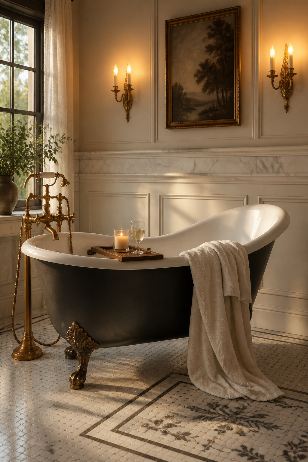 A cast iron clawfoot tub is the defining centrepiece of period-informed luxury bathroom decor — its sculptural form and porcelain enamel surface endure for generations with minimal care.