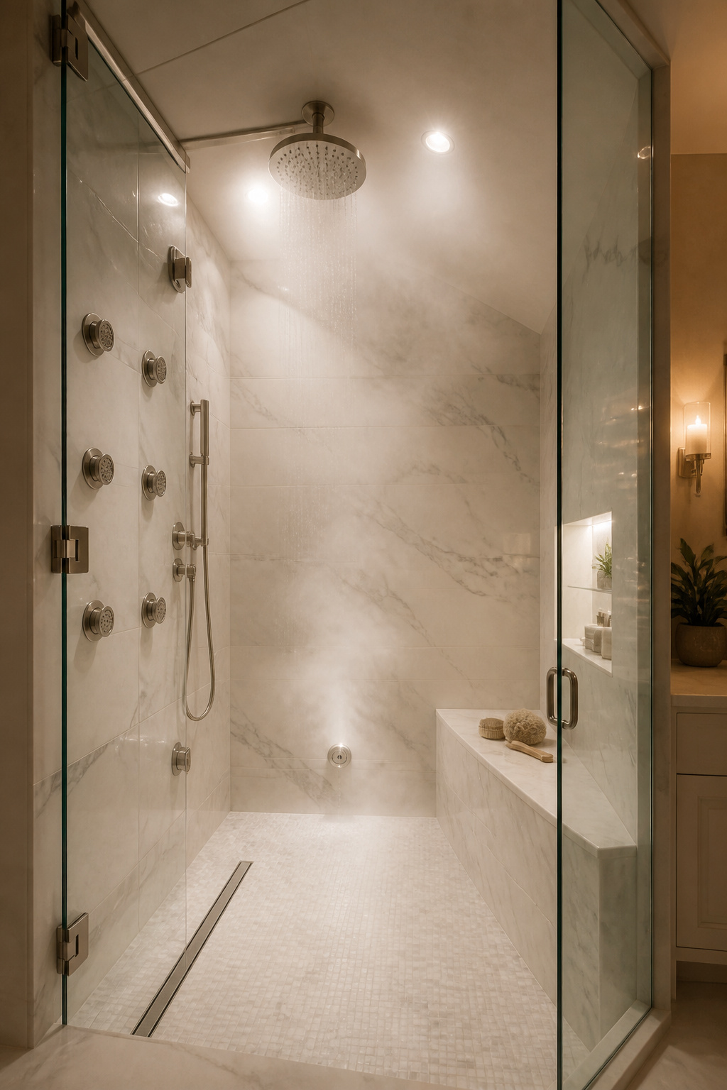 A properly engineered steam shower — sealed enclosure, sloped ceiling, multi-height body sprays — is a fundamentally different experience from a standard shower, and the investment reflects that.