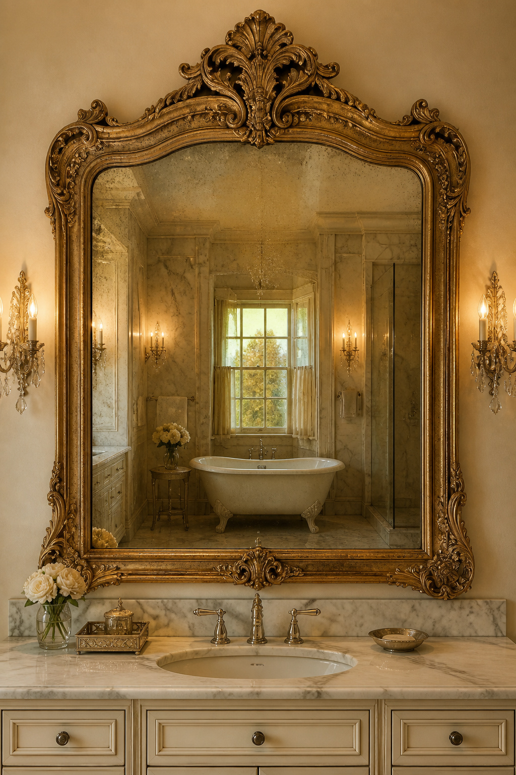 An oversize antiqued mirror in a gilded gesso frame brings the depth and warmth of historic mirror glass to a luxury bathroom — its reflection softer and richer than standard silvered glass.