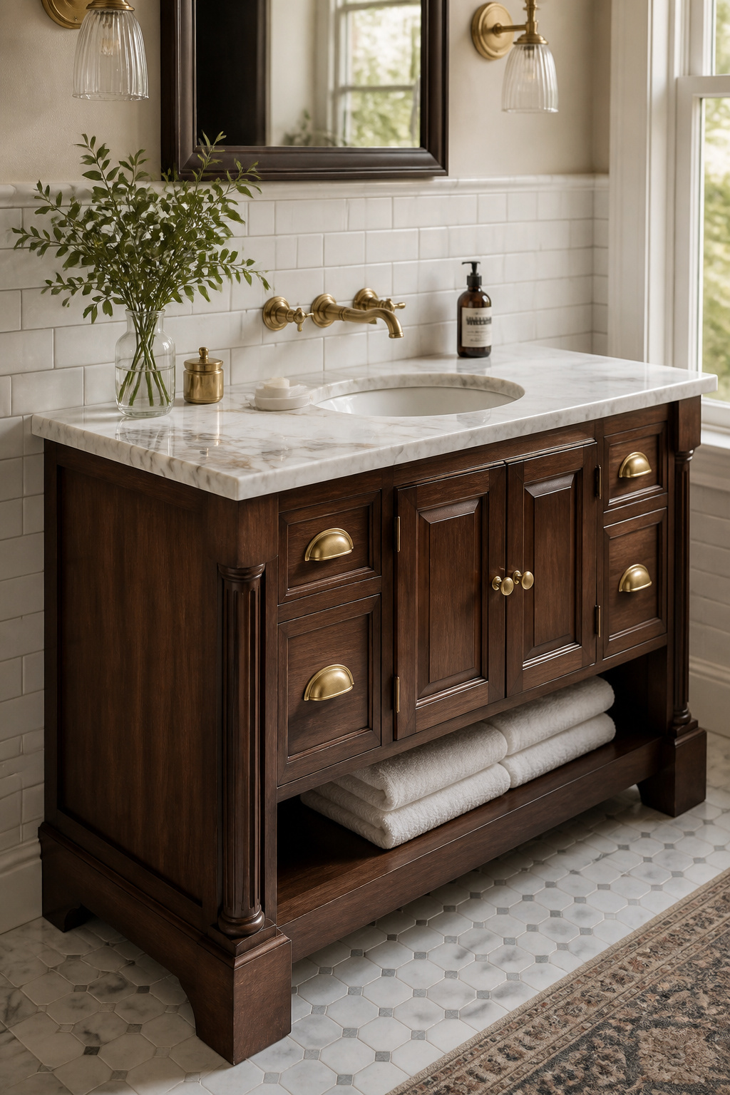 A bespoke walnut vanity with period joinery — fluted pilasters, raised panel doors, and dovetail-jointed drawers — reads as architecture rather than furniture in a well-considered bathroom.