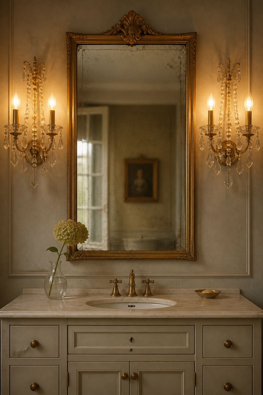 Crystal sconces flanking a vanity mirror at eye level provide the kind of even, shadow-free illumination that overhead bathroom lighting can never achieve.