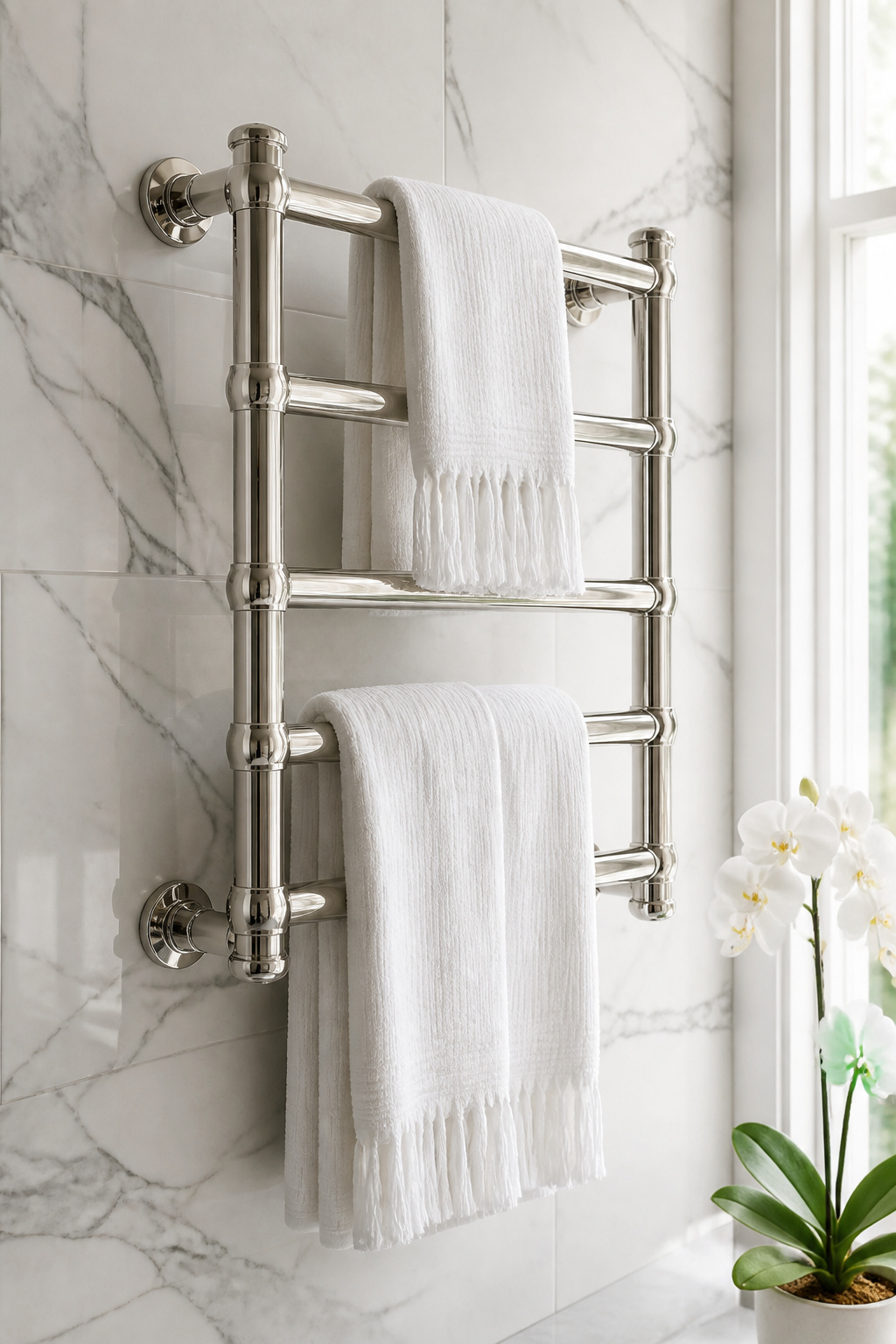 A polished nickel towel warming rail combines the functional luxury of warm dry towels with the visual refinement of a period-correct metal finish that handles bathroom humidity beautifully.