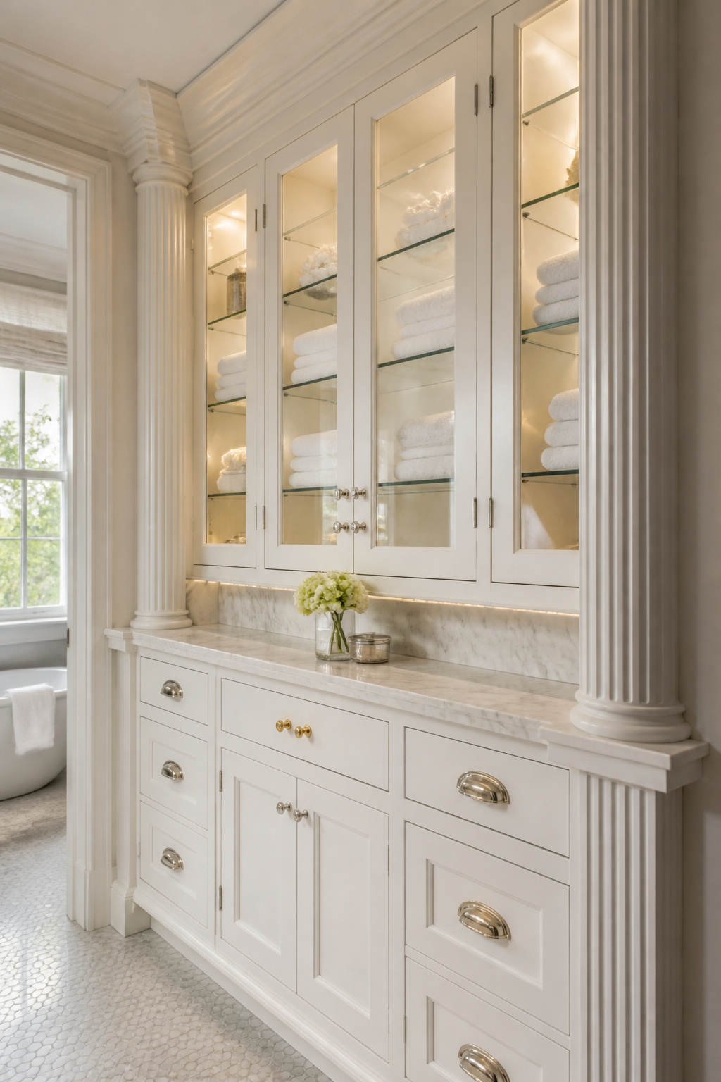 Custom built-in cabinetry with period details — fluted columns, glass-front uppers, integrated lighting — becomes part of the bathroom's architecture rather than furniture placed against the wall.