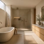 A serene Nordic bathroom featuring white oak vanity, honed limestone tile, a freestanding stone resin tub, and frameless wet room shower bathed in soft morning light — the full expression of Scandinavian bathroom design principles.