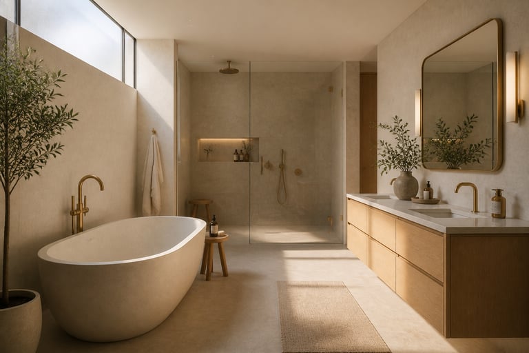 A serene Nordic bathroom featuring white oak vanity, honed limestone tile, a freestanding stone resin tub, and frameless wet room shower bathed in soft morning light — the full expression of Scandinavian bathroom design principles.