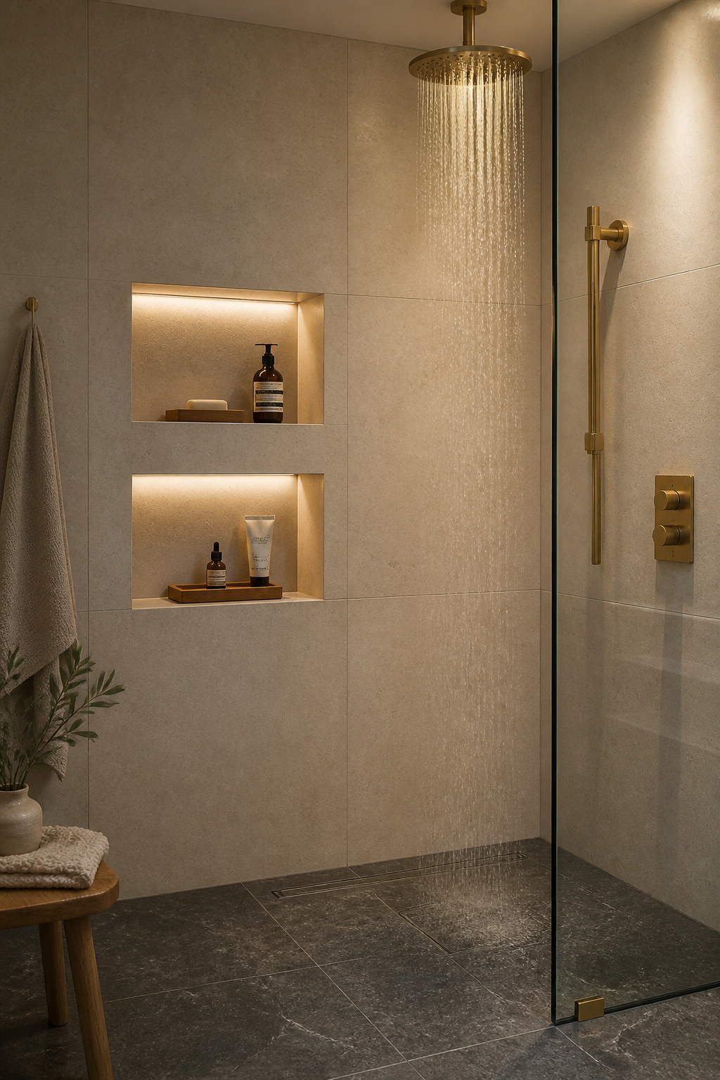 Two stacked recessed wall niches tiled to match the limestone surround and lit from within by warm LED strips — built-in architectural detail that replaces surface clutter with calm, functional elegance.