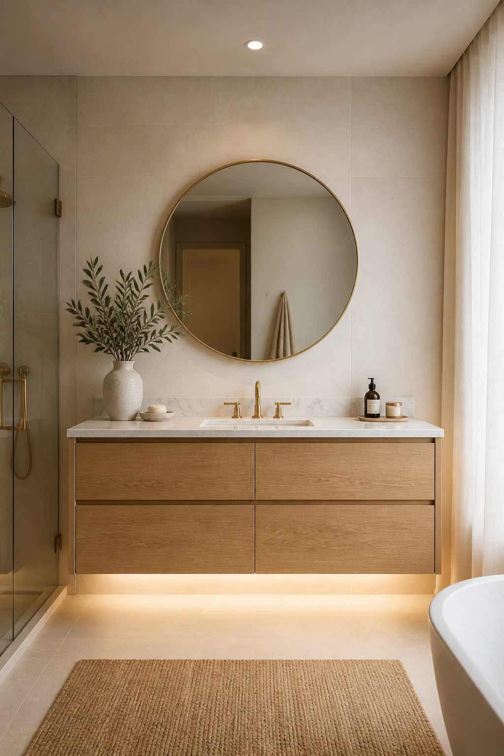 A solid white oak floating vanity with honed Calacatta marble undermount basin and brushed brass fixtures — the warm Nordic pairing of wood and stone.