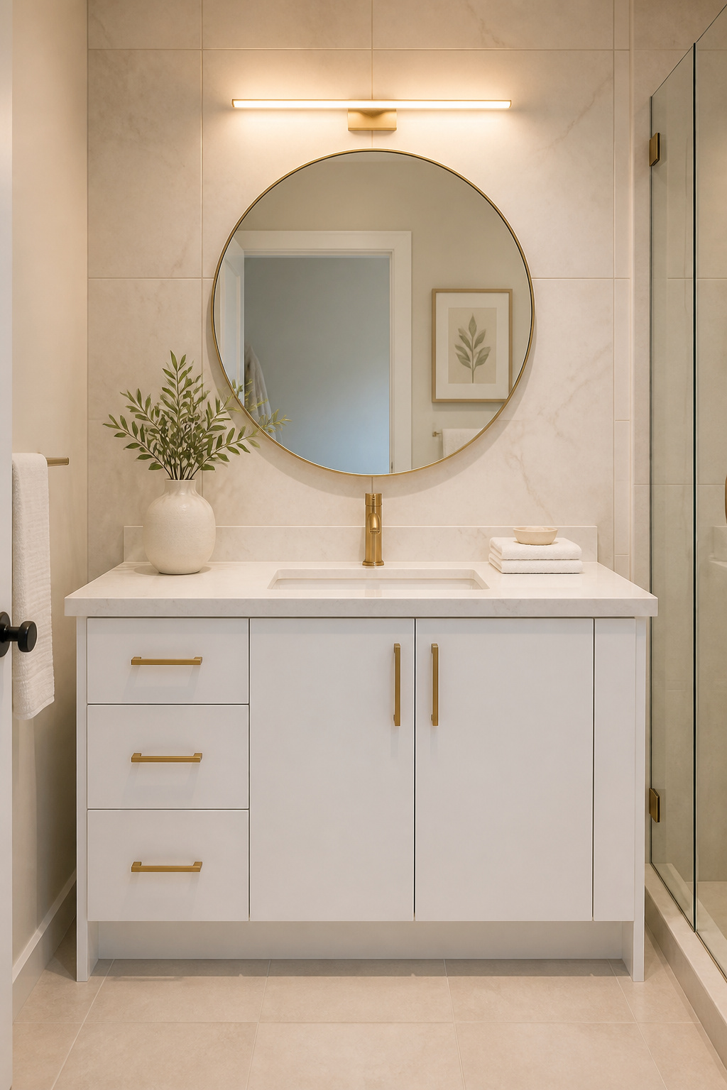 Flat-front white thermofoil cabinet refacing with brushed brass bar pulls delivers a Nordic bathroom transformation in 48 hours — no demolition, no replumbing.