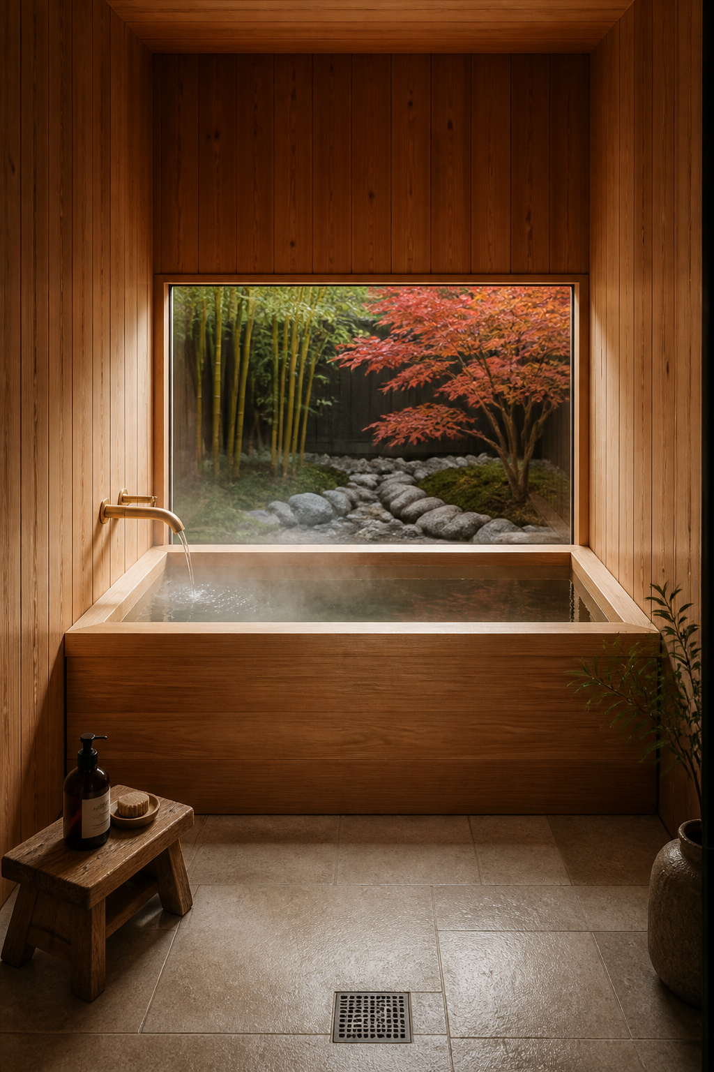 A cedar-lined ofuro soaking nook with a garden view of bamboo and Japanese maple — the Japandi bathing experience that treats daily bathing as ceremony rather than routine.