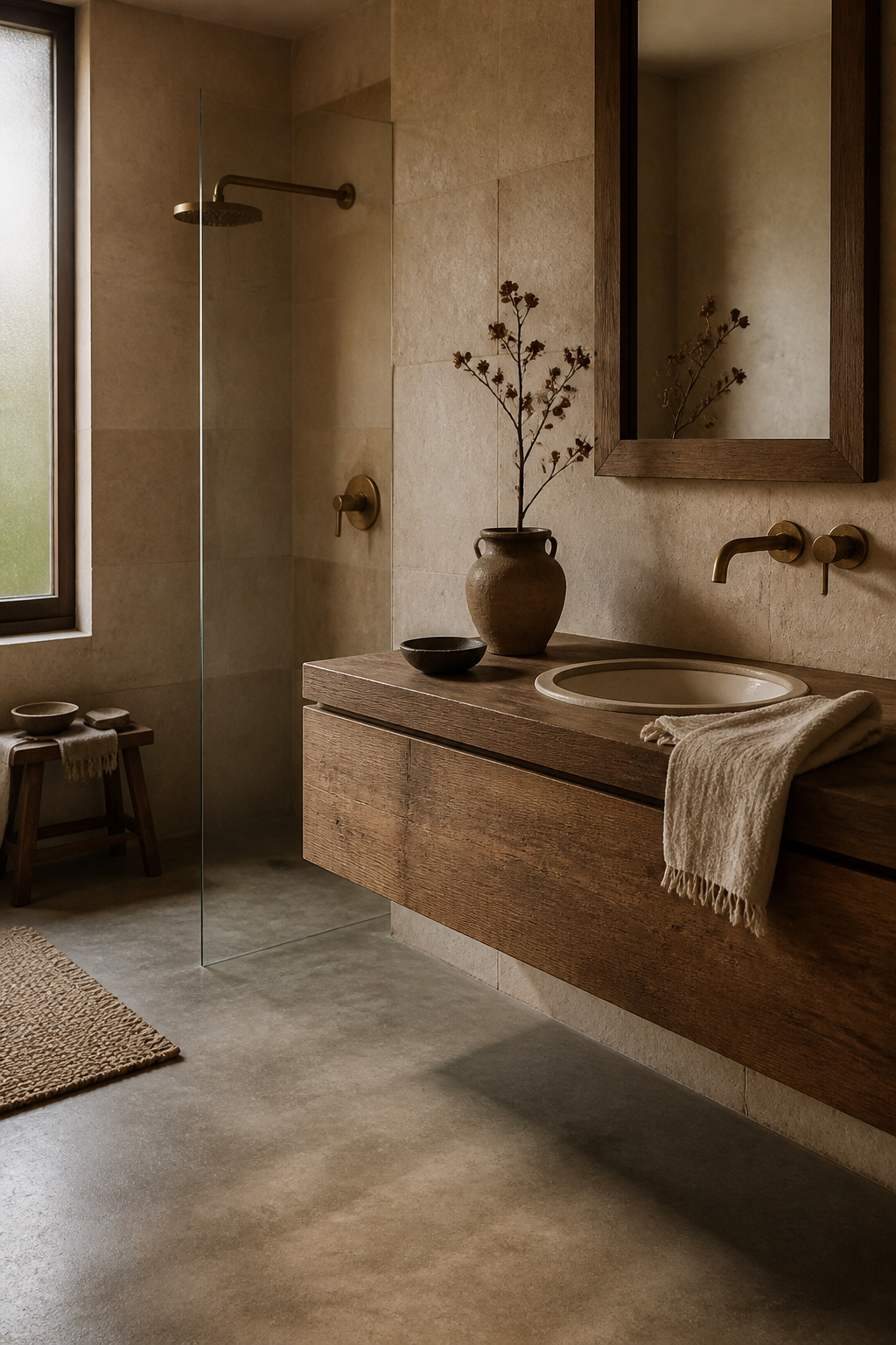 Raw concrete microtopping, unlacquered brass fixtures developing a warm patina, and a handthrown ceramic basin — a wabi-sabi bathroom that celebrates natural aging as the point, not the problem.
